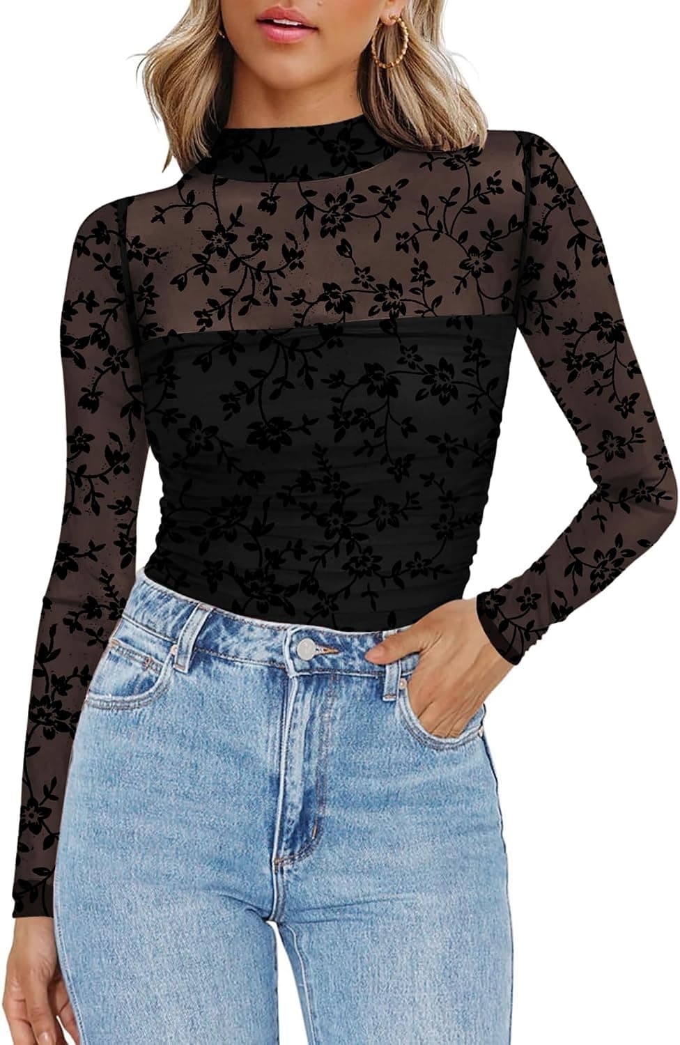 Zeagoo Camiseta de malla para mujer, transparente, cuello redondo, manga larga, sexy, para fiestas, corte ajustado, camiseta de manga larga
