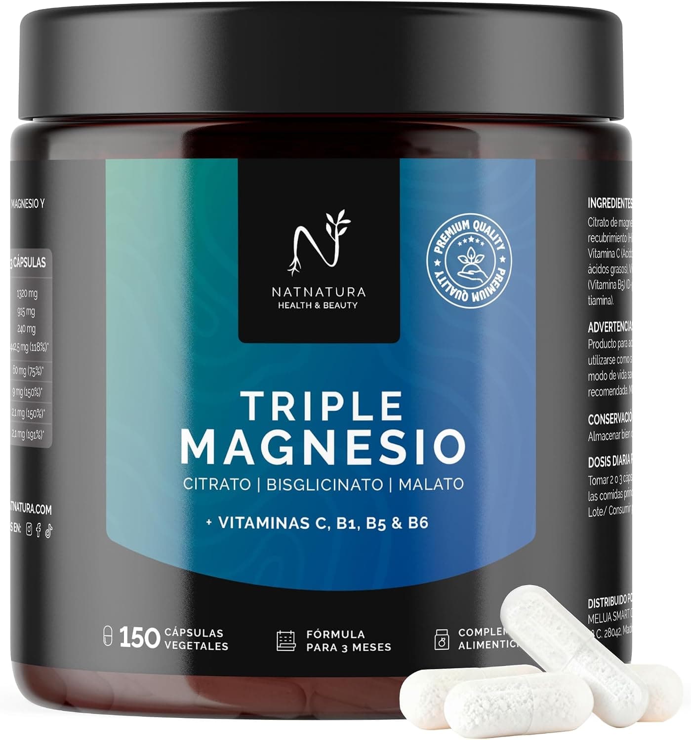 Magnesio Triple – Citrato de magnesio, Bisglicinato y Malato | 442 mg de magnesio elemental por dosis + Vitaminas B1, B5, B6 y C | Antifatiga, Calambres y Recuperación Muscular | 150 cápsulas.