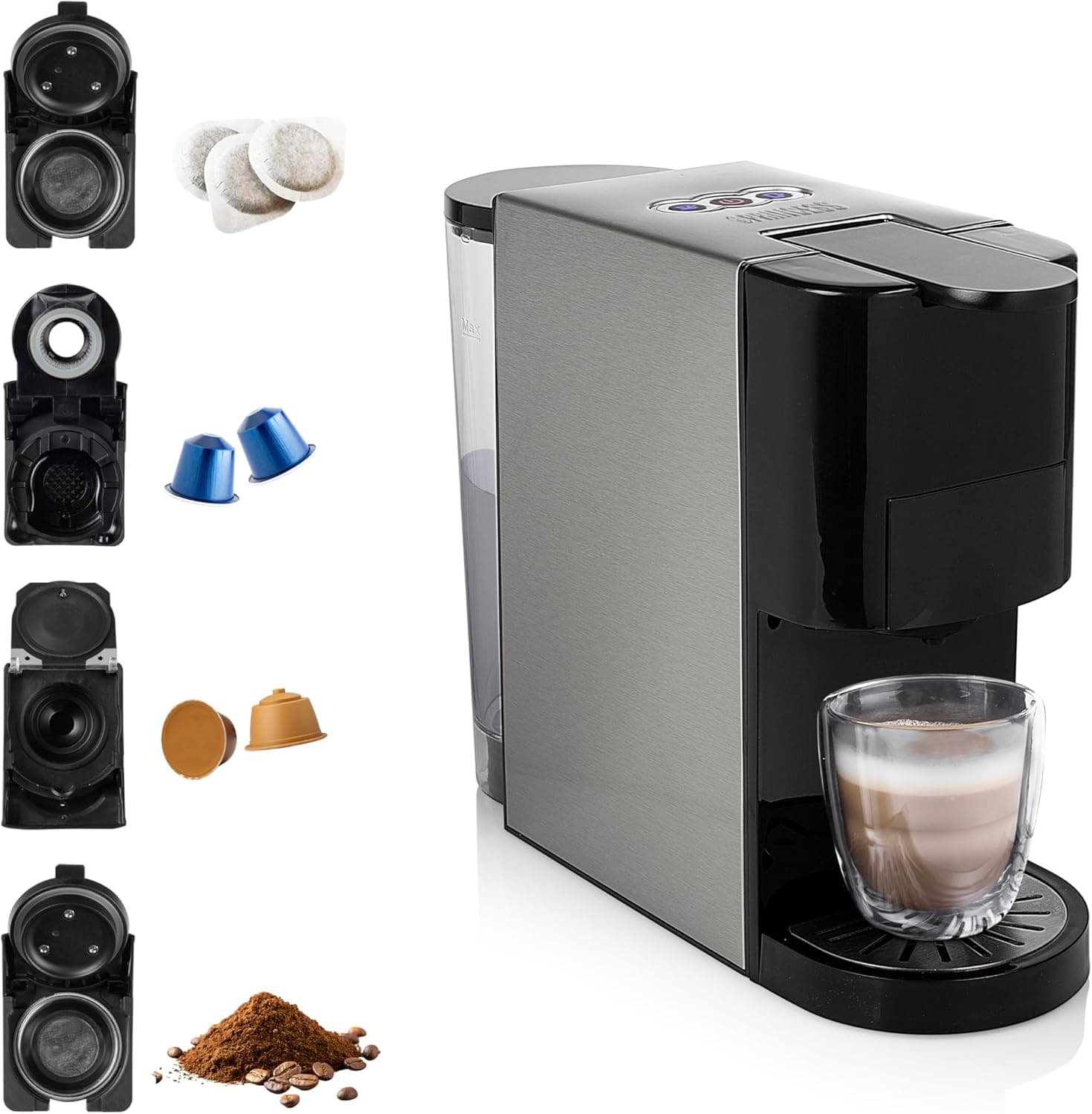 Princess 01.249450.01.001 Caffettiera Multifunzione, Compatibile con capsule Nespresso,Dolce Gusto,cialde ESE e caffè macinato, 19 bar, Nero e argento, 800 ml