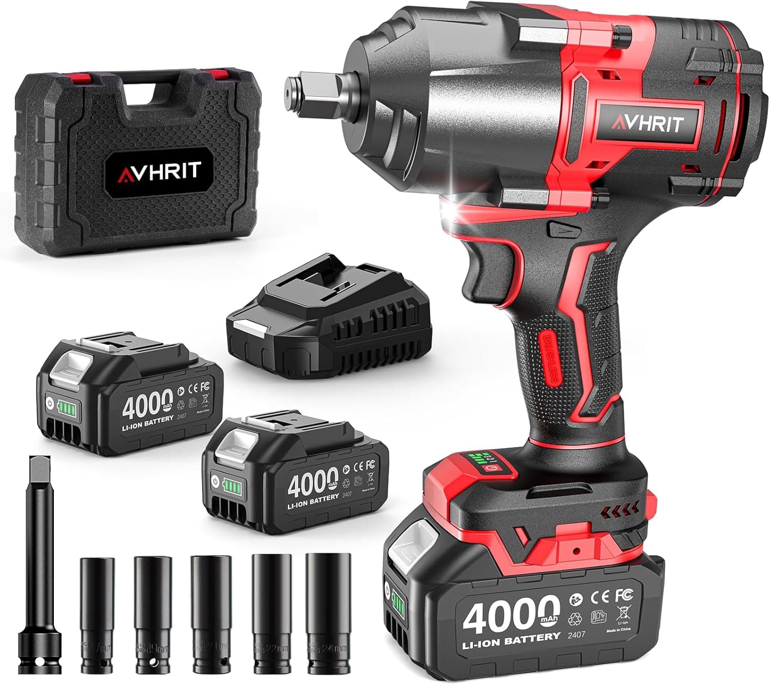 Llave de Impacto Inalámbrica 1600N.m con 2x 4000mAh Baterías, 1/2 Pistola de Impacto Batería, Eléctrica Llave de Impacto para Coches Camiones, con 5 Enchufes