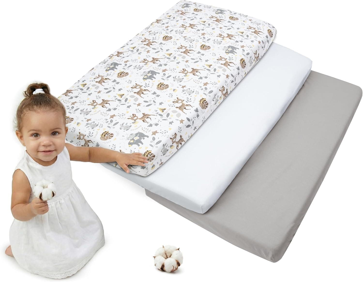 Medi Partners Sabana Bajera Cuna 70x140 Set de 3-100% Algodon Sabanas de Algodón Bebe Ropa de Cama para Bebés Dormir Cuna Fitted Bed Sheet Protector(Ciero-Blanco-Gris)