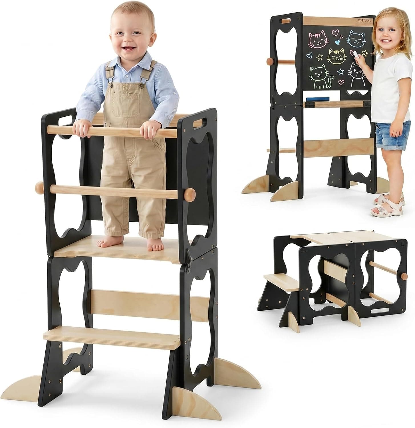 COSYLAND Torre de Aprendizaje Montessori 3 en 1 Convertible con Pizarra