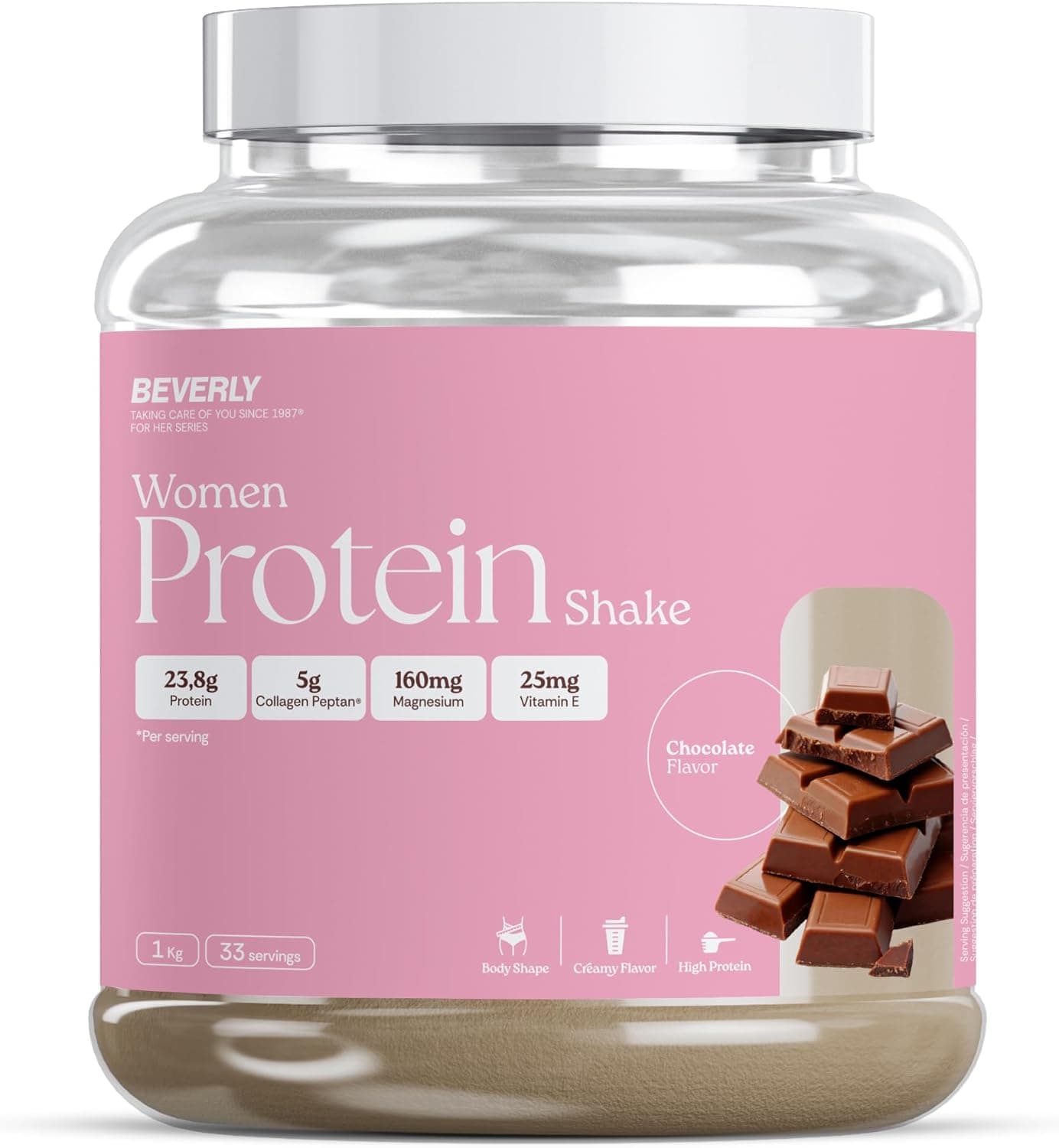 Beverly Women Protein - Proteína de suero especial mujer con colágeno marino, magnesio y vitamina E - 24 g de proteína por servicio - 33 servicios (1 Kg, Chocolate)