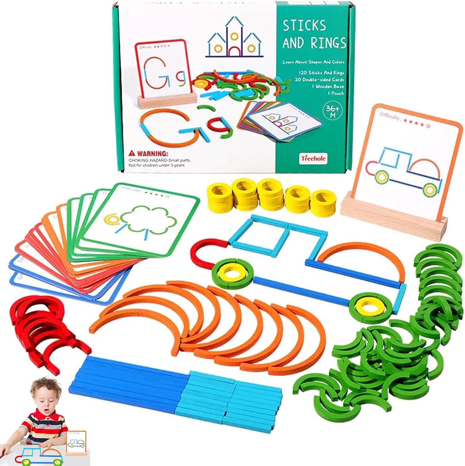 Juguetes Montessori Niños 3 4 5 6 Años, Puzzle Tangram Rompecabezas niños, 120 Piezas Palitos de Colores y Anillos con Tarjetas, Juegos Educativos Interactivos Regalo Niño Niña