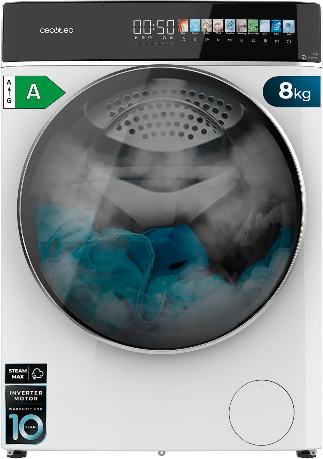 Cecotec Lavadora Secadora 8-5Kg Carga Frontal Bolero Wash&Dry 85900 Inverter A, 1400 rpm, 11 programas, Motor Inverter Plus, pantalla FullColor 10,3", Funciones SteamMax, Stop&Go, Delay End