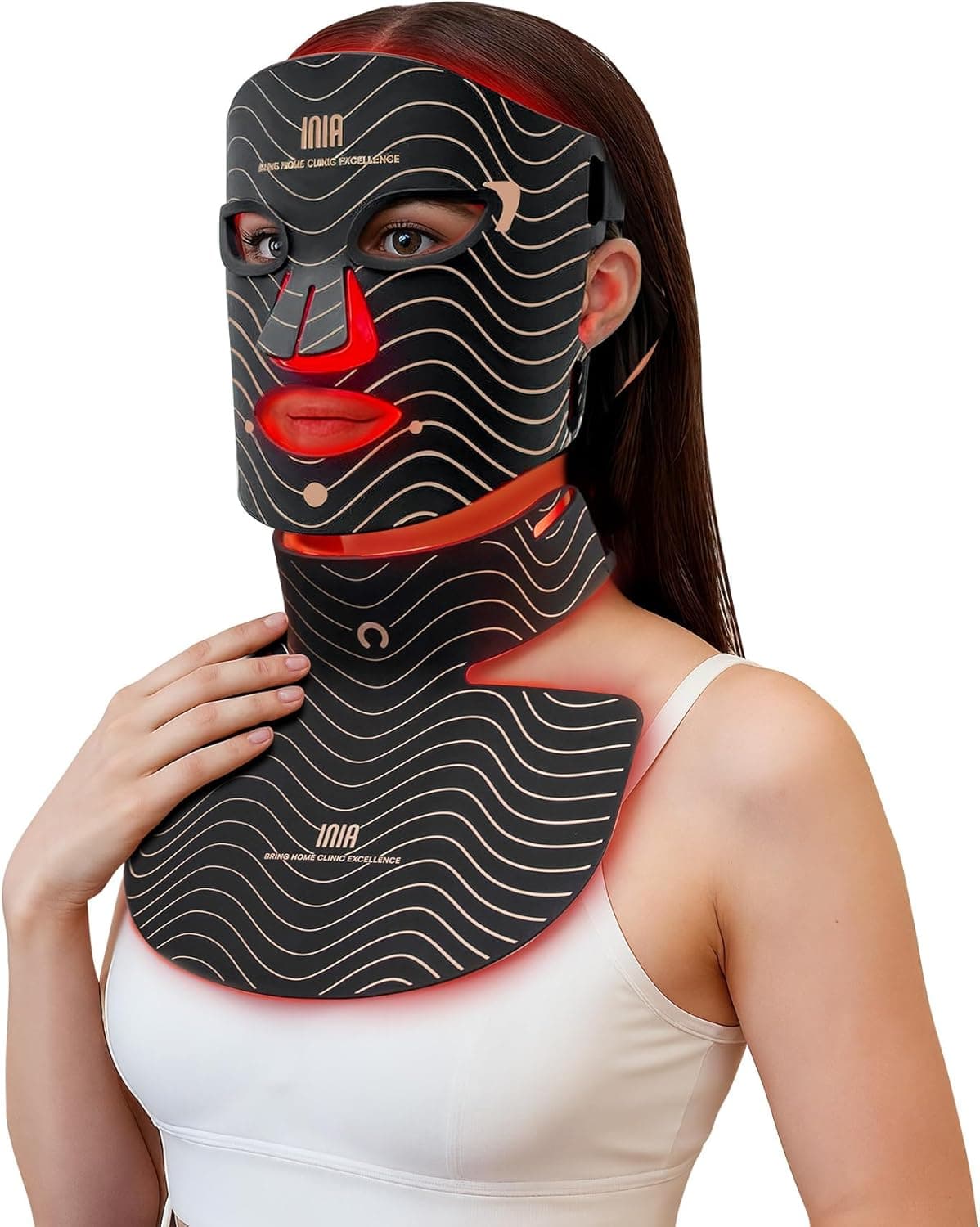 INIA GLOW Máscara LED Facial y Cuello, Luz Roja, Amarilla y Azul, 4 Modos