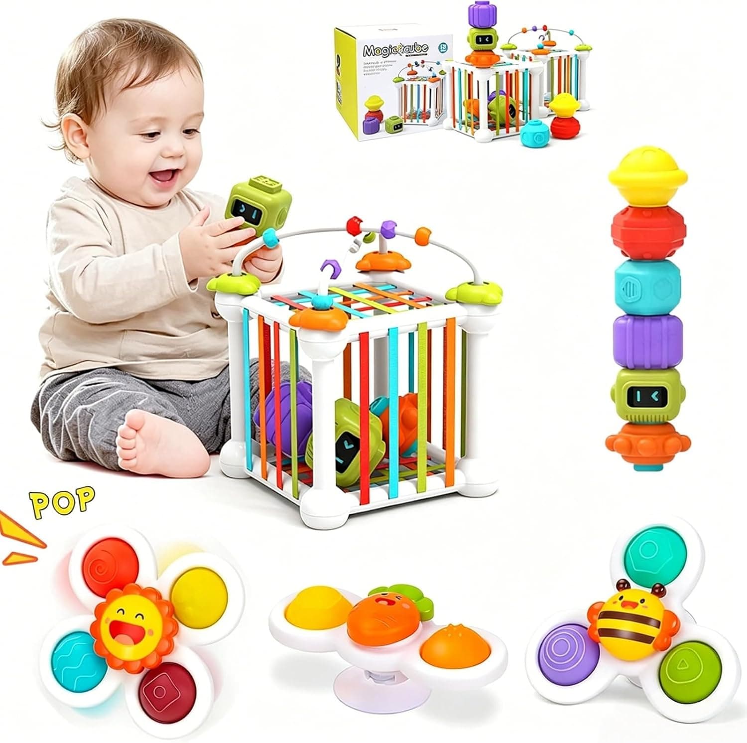 Montessori Juguetes para Bebés (12 Piezas), Cubos de Habilidades Motoras, Juegos Educativos Juguetes para Niños Juego de Clasificación de Formas, con 3 Trompos y 6 Formas Multisensoriales