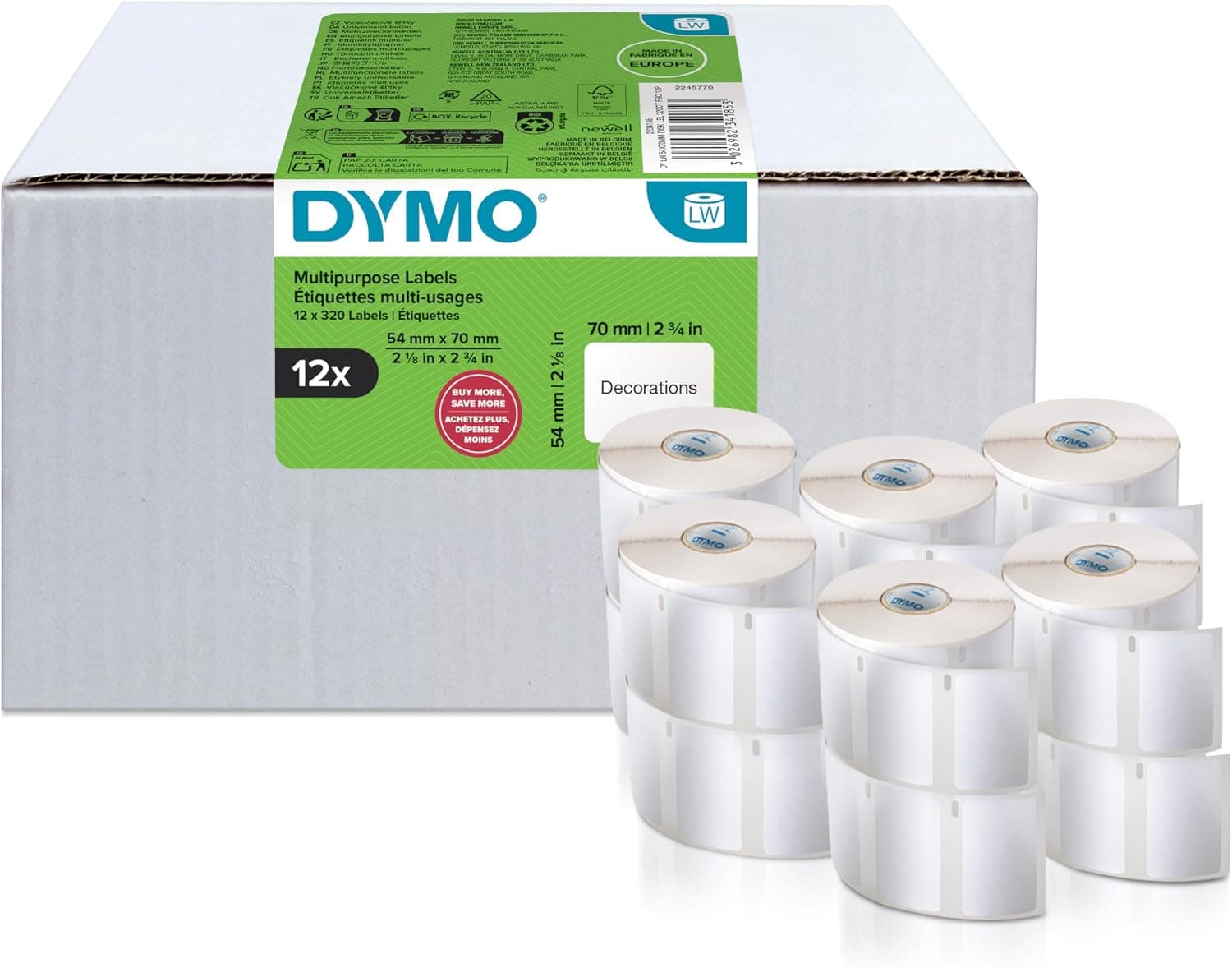 DYMO LW etiquetas auténticas multiusos | 54 mm נ70 mm | 12 rollos de 320 etiquetas con reverso fácil de retirar (3.840 unidades) | autoadhesivas | para etiquetadoras LabelWrite