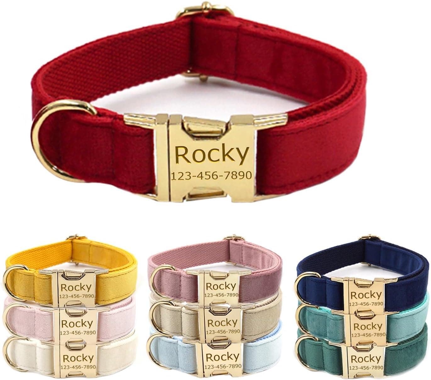Collares de terciopelo personalizados para perros con nombre de mascota y número de teléfono grabado, collar suave ajustable personalizado con hebilla de metal para perros pequeños, medianos