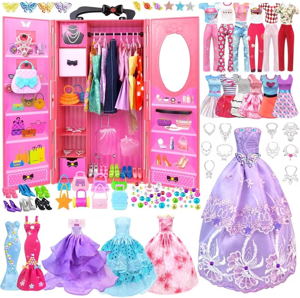 84 Ropa y Accesorios para muñecas Armario Joyas Accesorios para 11.5 Pulgadas muñeca de Niñas muñeca Armario con Vestido de Novia Vestidos Tops Pantalones Zapatos Bolsas Juguete Regalo para niñas