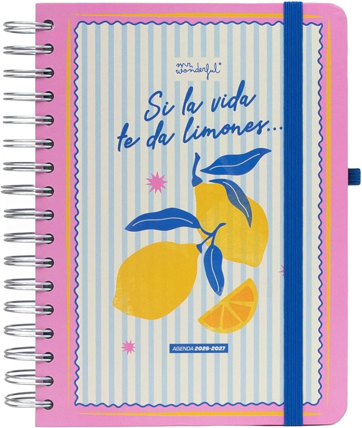 Mr. Wonderful - Agenda escolar 2026-2027 Diaria con Espiral y Pegatinas – Planificador Diario Completo Septiembre 2026 a Agosto 2027 con Extras – Si la vida te da limones