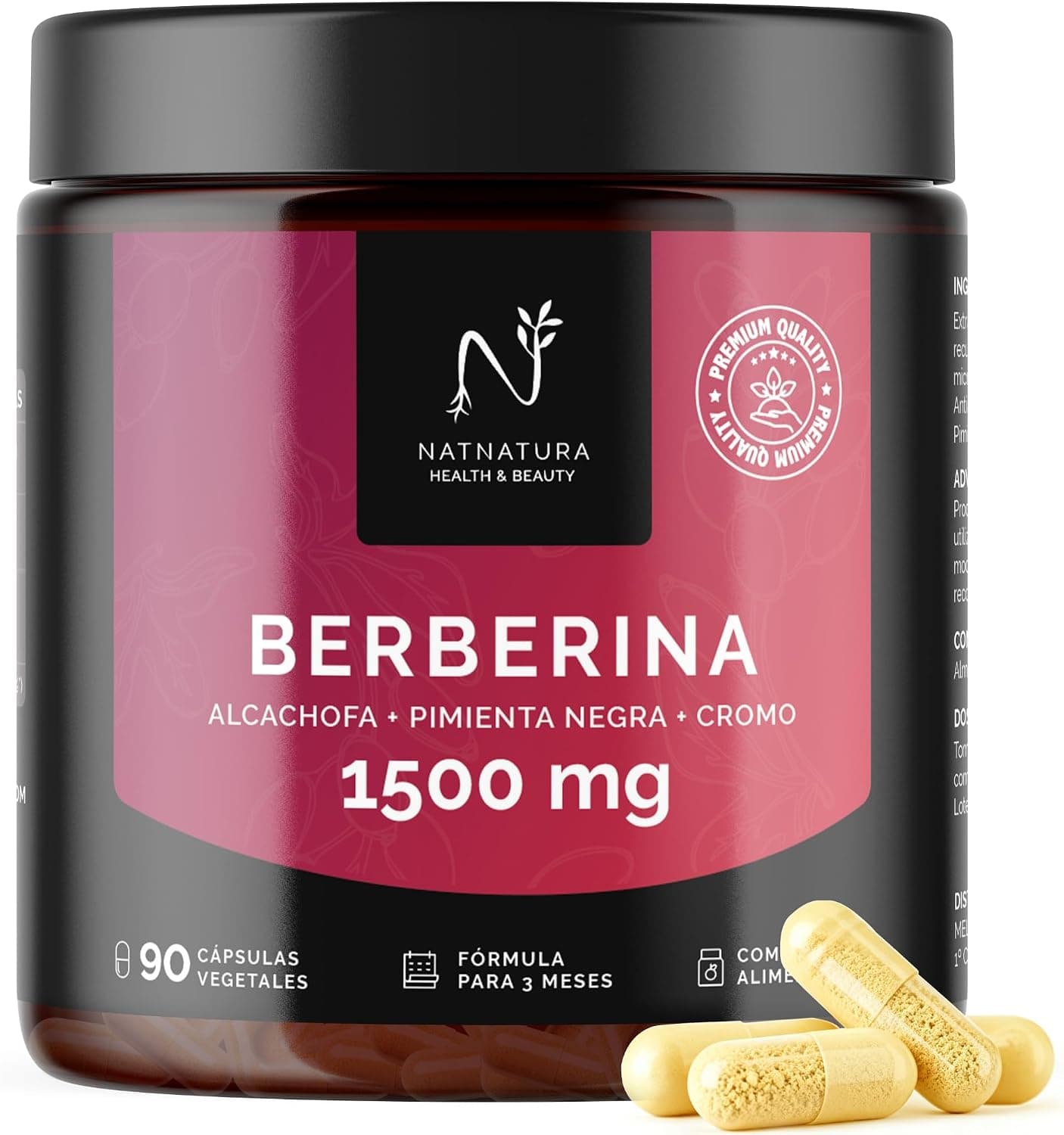 Berberina con Alcachofa, Pimienta Negra y Cromo | Ayuda a Controlar el Peso y Favorece la Digestión | 1500 mg en DDR | Hasta 3 Meses | NATNATURA