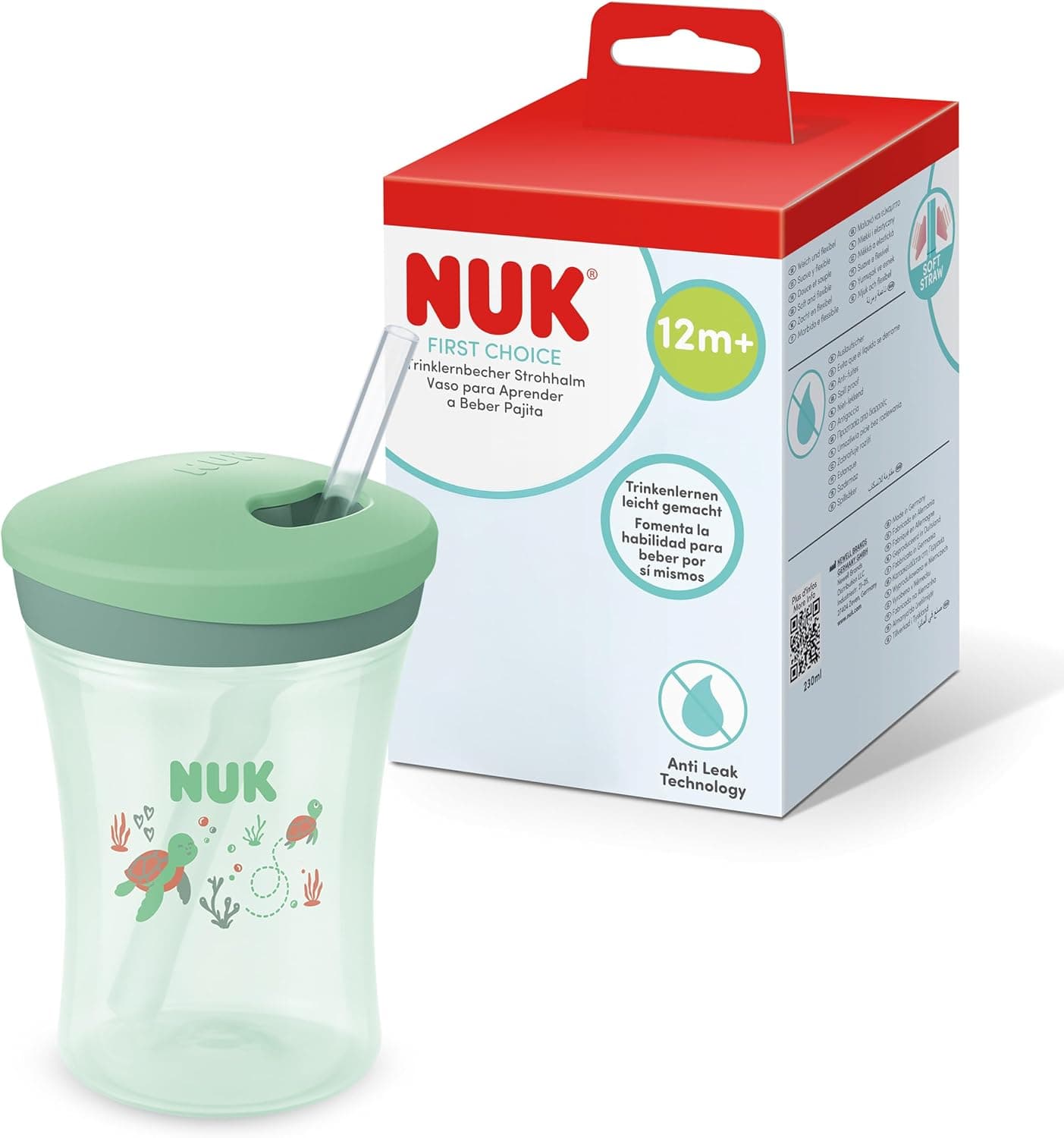 NUK First Choice vaso con pajita niños, 12+ meses, Tortuga verde, Vaso bebé 230 ml, a prueba de fugas, con pajita, 1 unidades