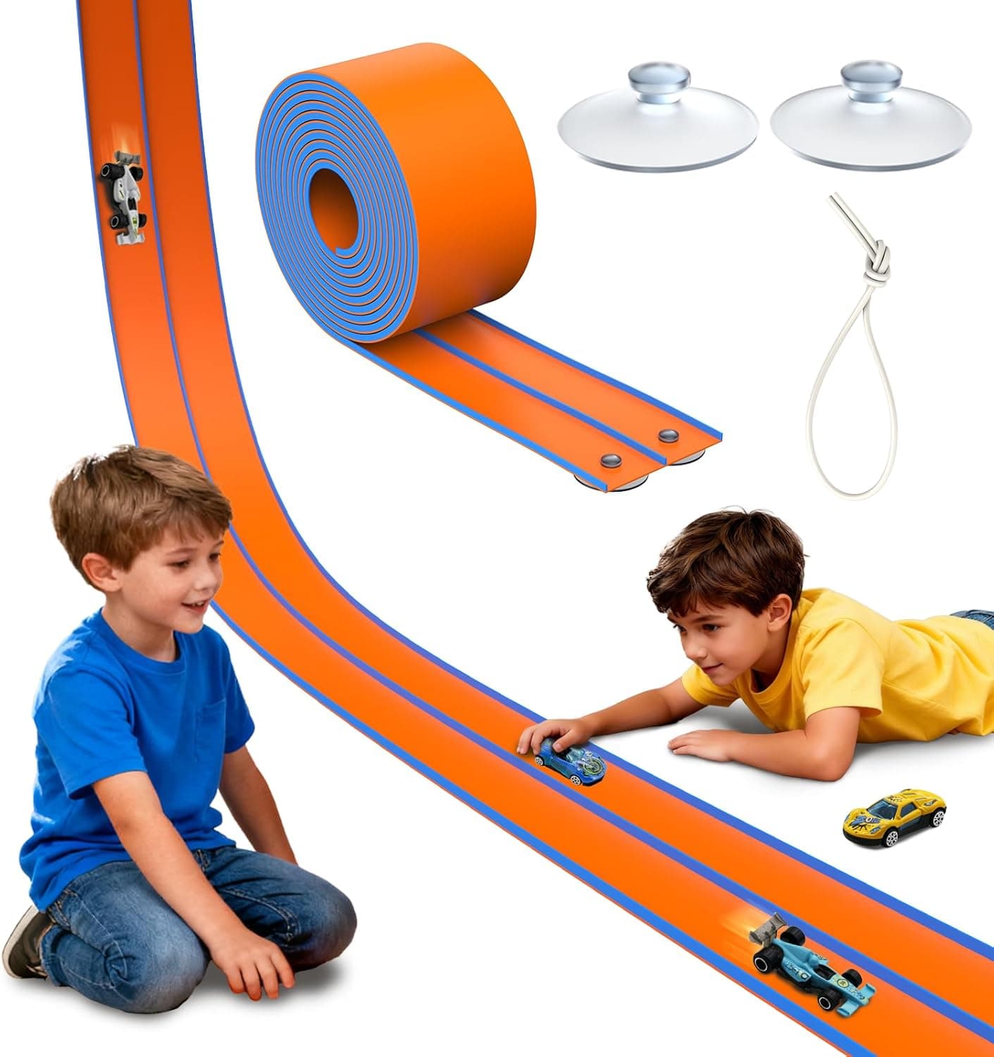 ACELIFE Carreras de Coches Flexibles, 4,5 m, Incluye 6 Coches, Rampas Portátiles de Doble Circuito, Rampas para Coches de 1/64, Regalo para Niños a Partir de 3 Años