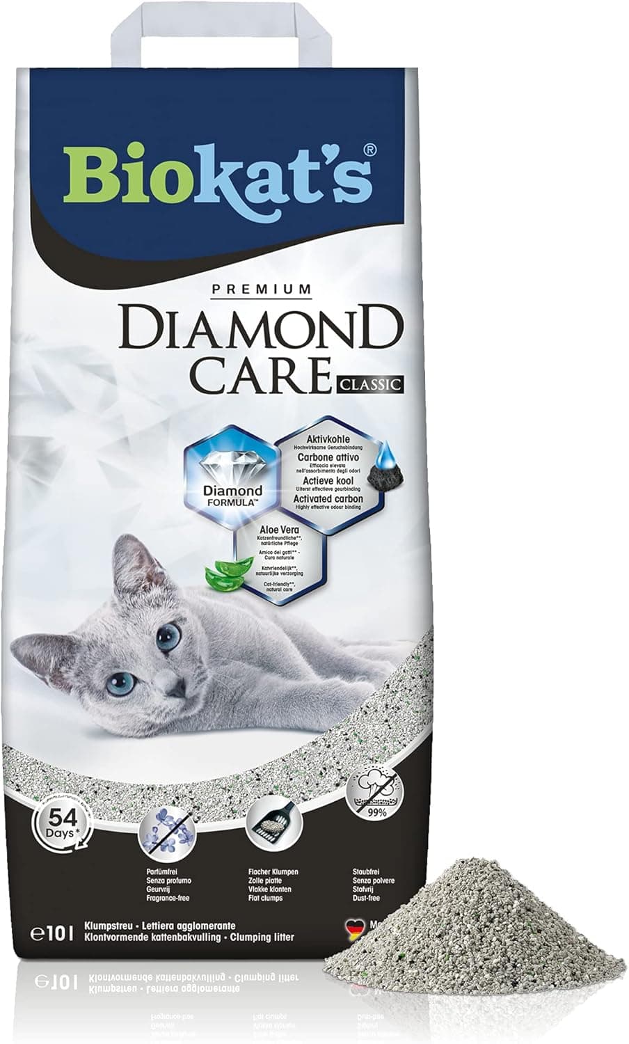 Biokat's Diamond Care Classic, para gatos, sin fragancia - Arena fina con carbón activo y aloe vera 1 saco (1 x 10 l)
