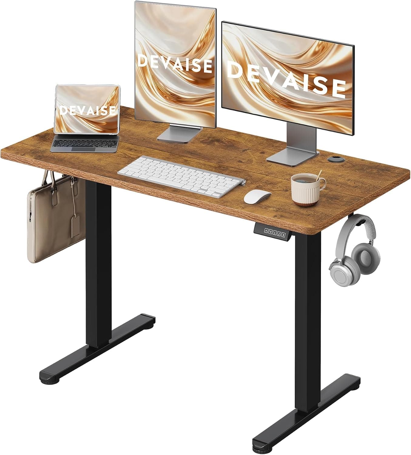 DEVAISE Escritorio Elevable Eléctrico,Mesa Regulable Rltura 120 x 60cm con 3 Memorias,Mesa de Oficina con Panel Inteligente en Casa con Tablero Ensamblado, Marrón Rústico