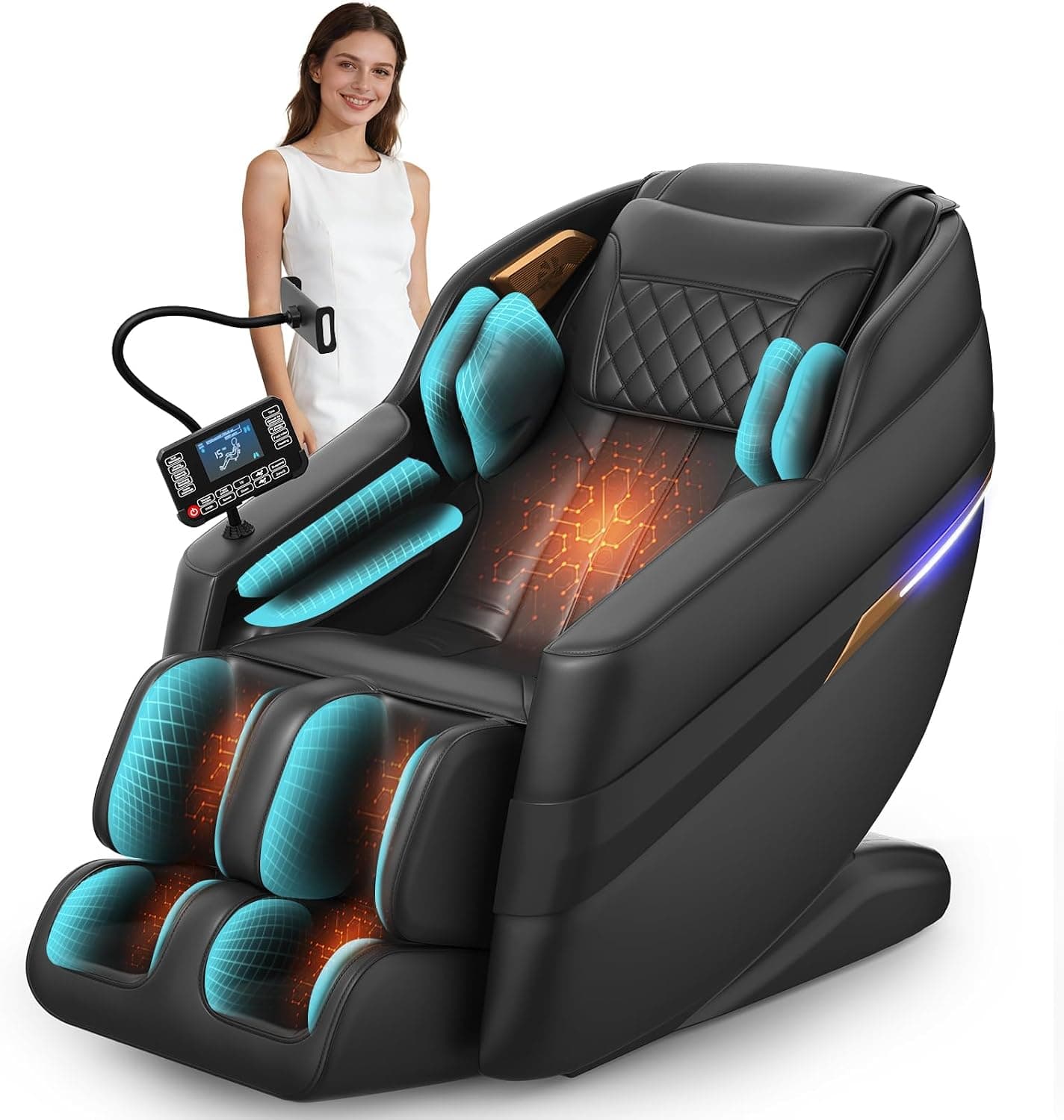 Sillón de masaje 3D SL-Track, sillón de masaje con 8 bolsas de aire, calefacción en piernas y cintura, masaje con rodillos para los pies, control por voz con IA y altavoz Bluetooth, modo gravedad cero