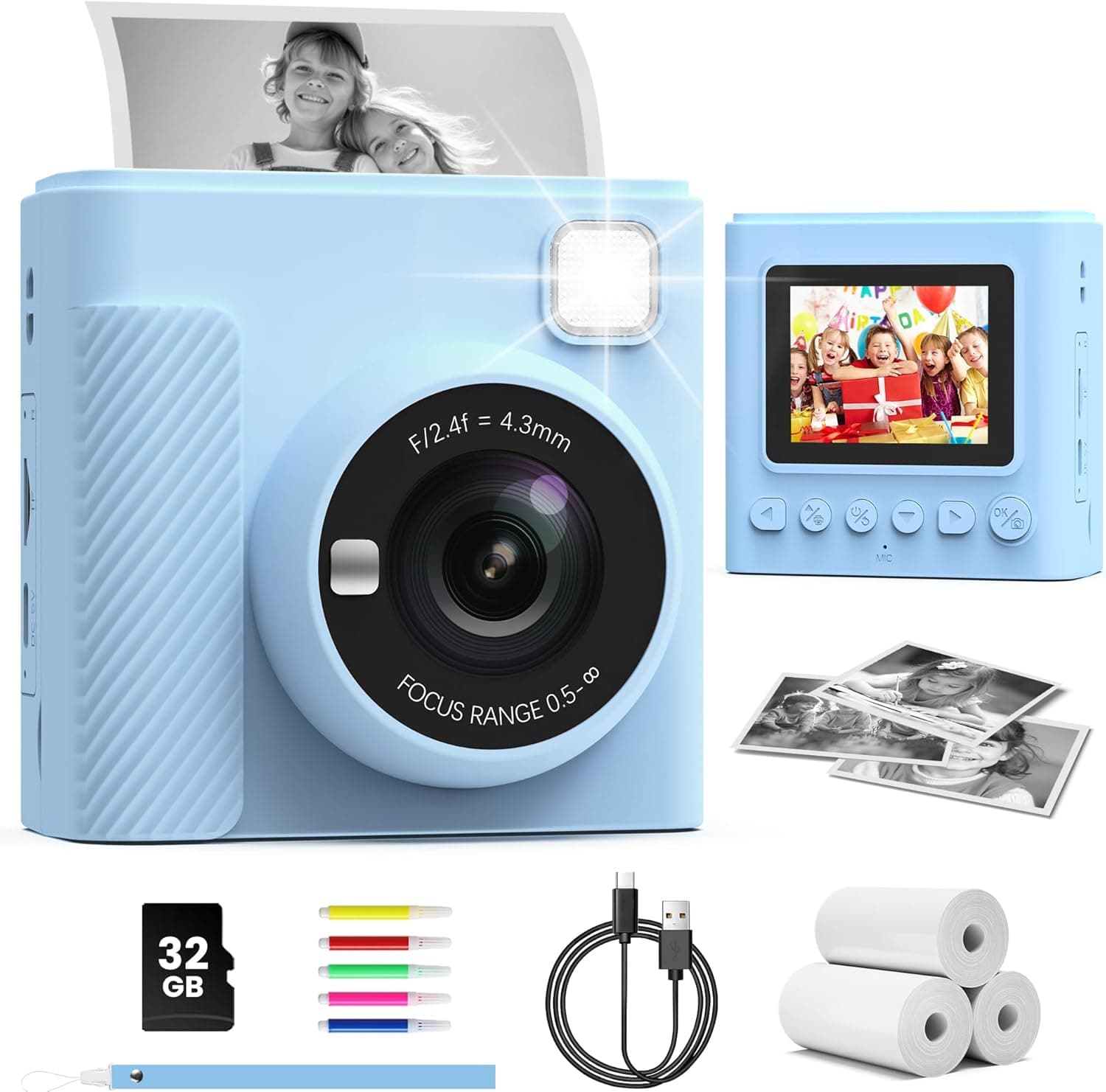 TIATUA Cámara Fotos Infantil Instantánea, 2,4" Selfie 1080P, Azul
