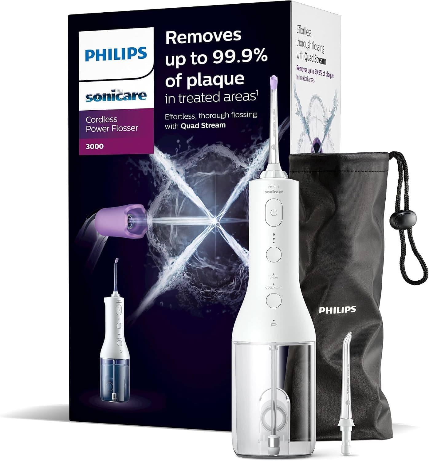 Philips Sonicare Irrigador oral Power Flosser 3000 sin cable con tecnología Quad Stream y Pulse Wave, HX3826/31, Negro, 3000, Blanco