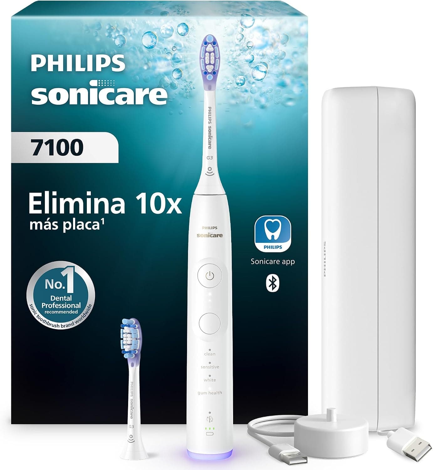 Philips Sonicare 7100 cepillo dental eléctrico, sónico, aplicación, 4 modos de cepillado, 3 niveles de intensidad, EasyStart, blanco, modelo HX7420/02 [Nueva Tecnología]