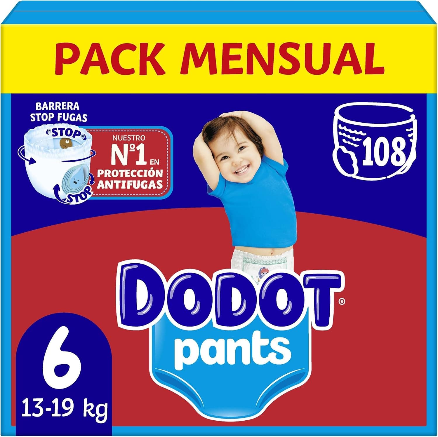 Dodot Bebé Pants Pañales, Talla 6, 13-19 kg, 108 Pañales, Pañal-Braguita con Ajuste 360° Anti-Fugas, Pack Mensual