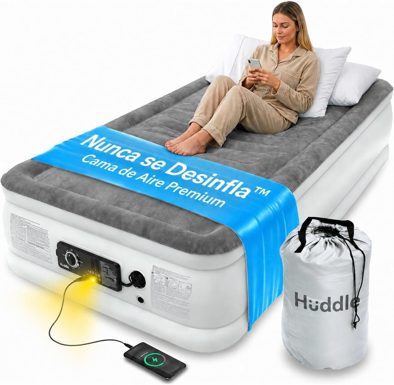 Huddle Never Deflate™ Luxury Colchón Inflable Sencillo, Ganador del Good Housekeeping 2025, con Hinchador Dual SlumberGuard™, firmeza Ajustable, Bomba integrada y luz Nocturna USB.