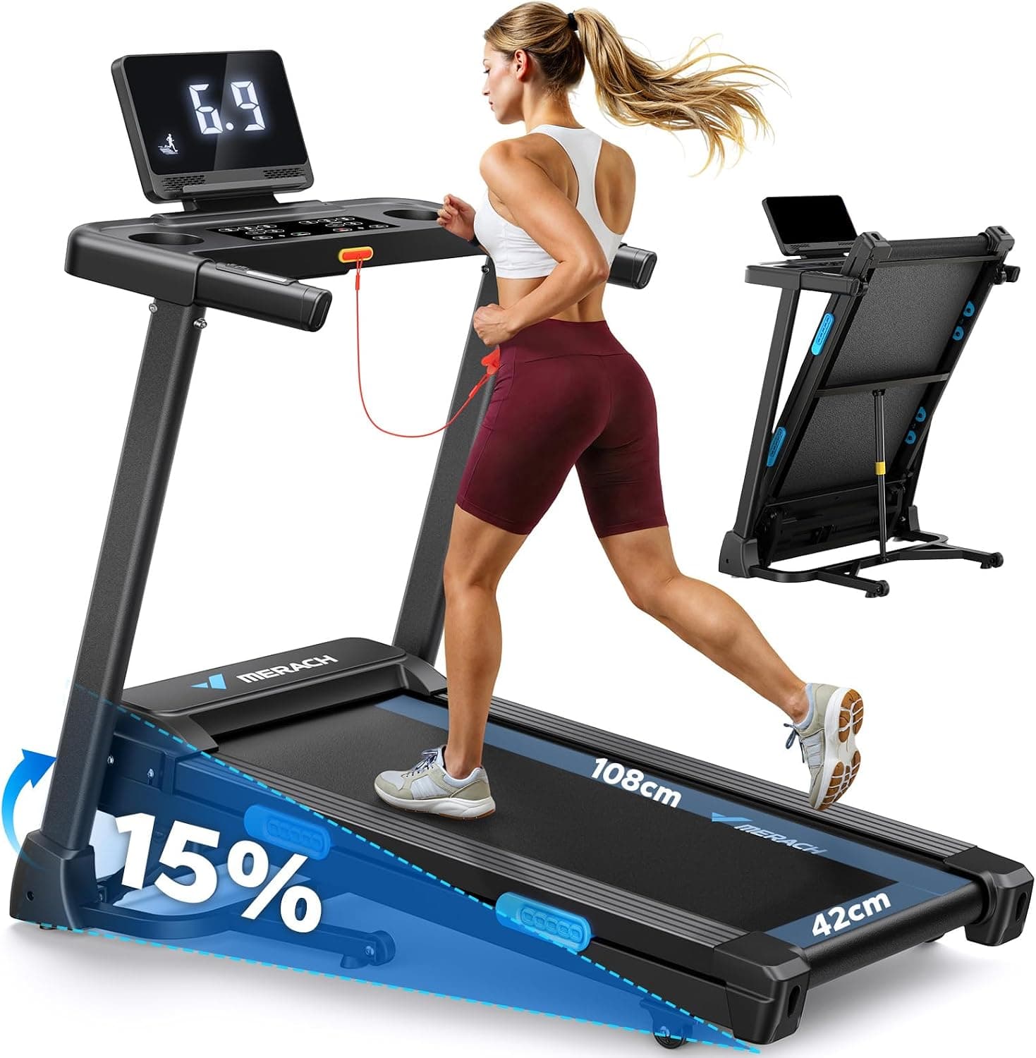 MERACH T12 Cinta de Correr Plegable, 15% Cinta de Andar con Inclinación