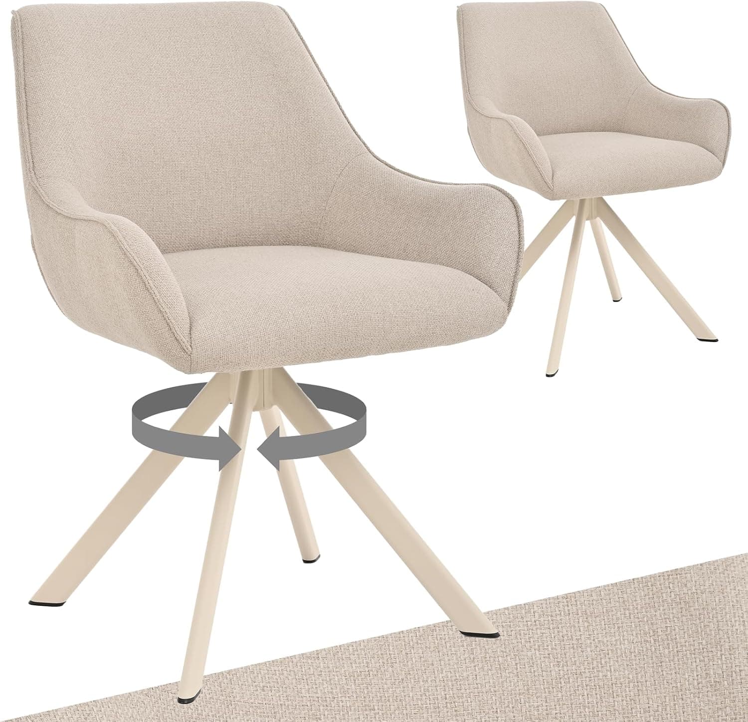 Sillas de comedor, giratorias, juego de 2 con reposabrazos, giratorias de 360 grados, tapizadas, de lino, modernas, sillas de cocina con estructura y respaldo de metal beige, para comedor