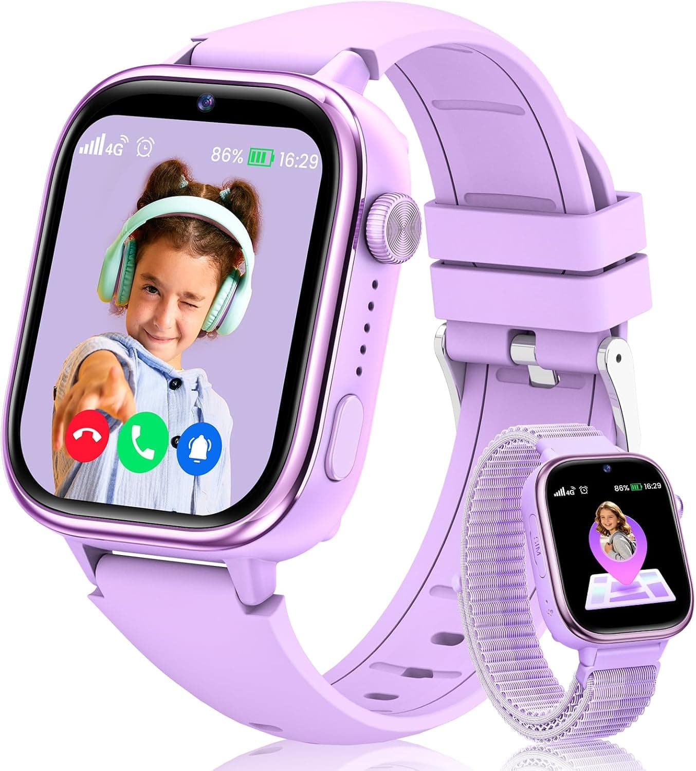 Reloj Inteligente Niño con Videollamada, 4G Smartwatch Niño con GPS y Llamadas, SOS, Chat de Voz, Modo Escuela, Podómetro, Despertador, Monitor de Sueño IP68 Impermeable Regalo para Niños Niñas Morado
