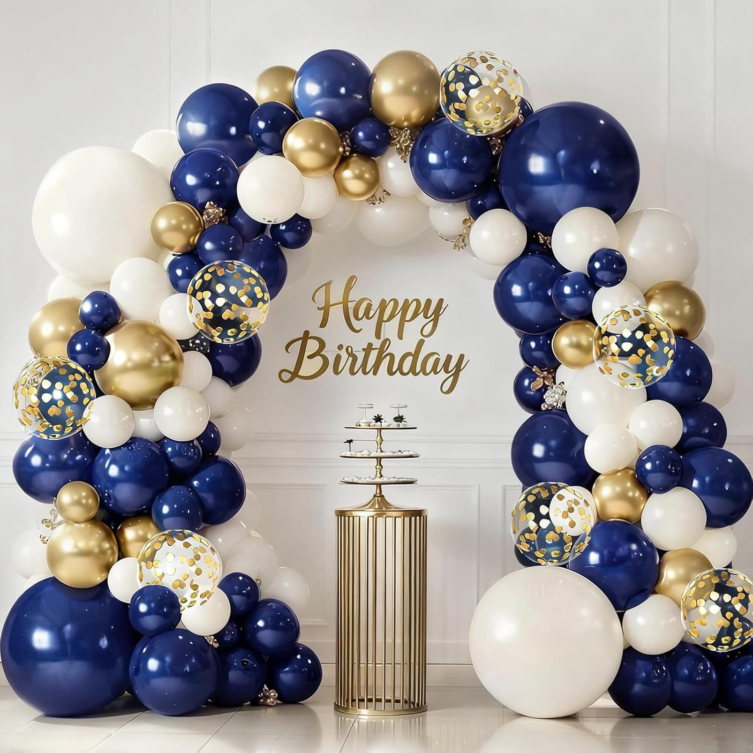 Kit de arco de globos azul, dorado y blanco; globos azul blanco y dorado