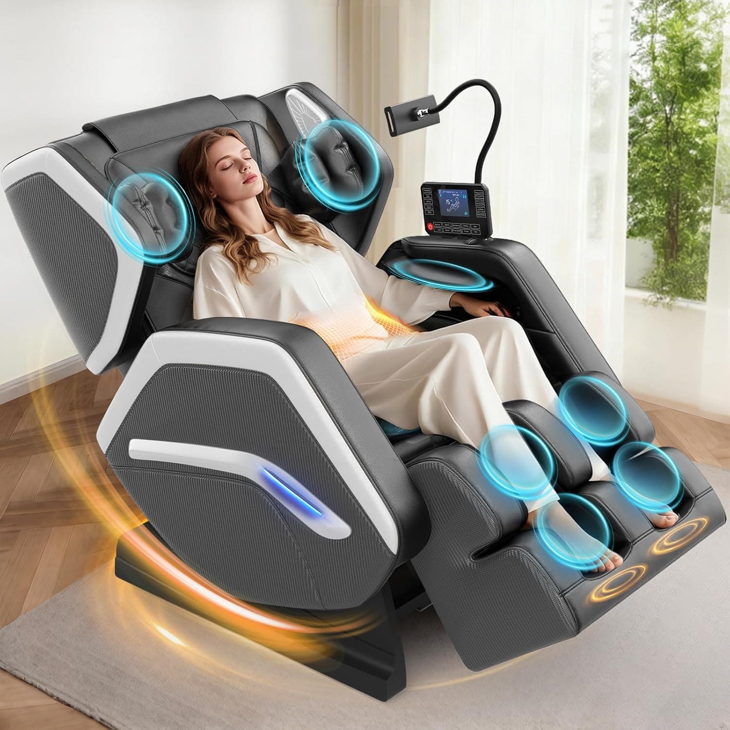 Sillón de Masaje, sillón para Todo el Cuerpo, 14 Rodillos, Calefacción para Espalda y piernas, Masaje de pies, 8 airbags, Altavoces Bluetooth, Mando a Distancia táctil par