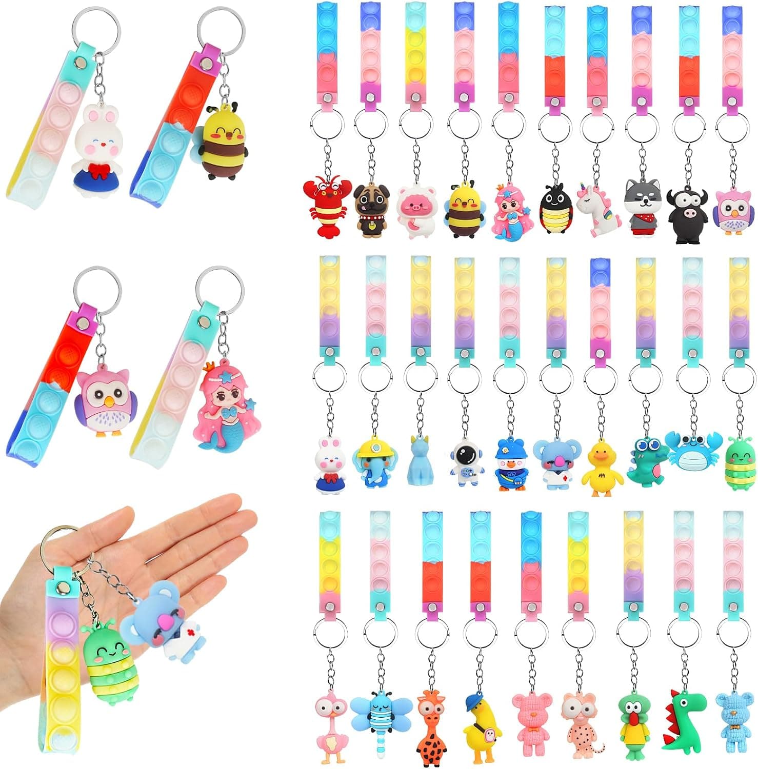 GUDOTRA 32 Pop It Fidget Toy Llaveros y Pulseras de Animales Regalos Cumpleaños Niños Colegio Regalos Alumnos Primaria Fidget Juguete Detalles Cumpleaños Niños