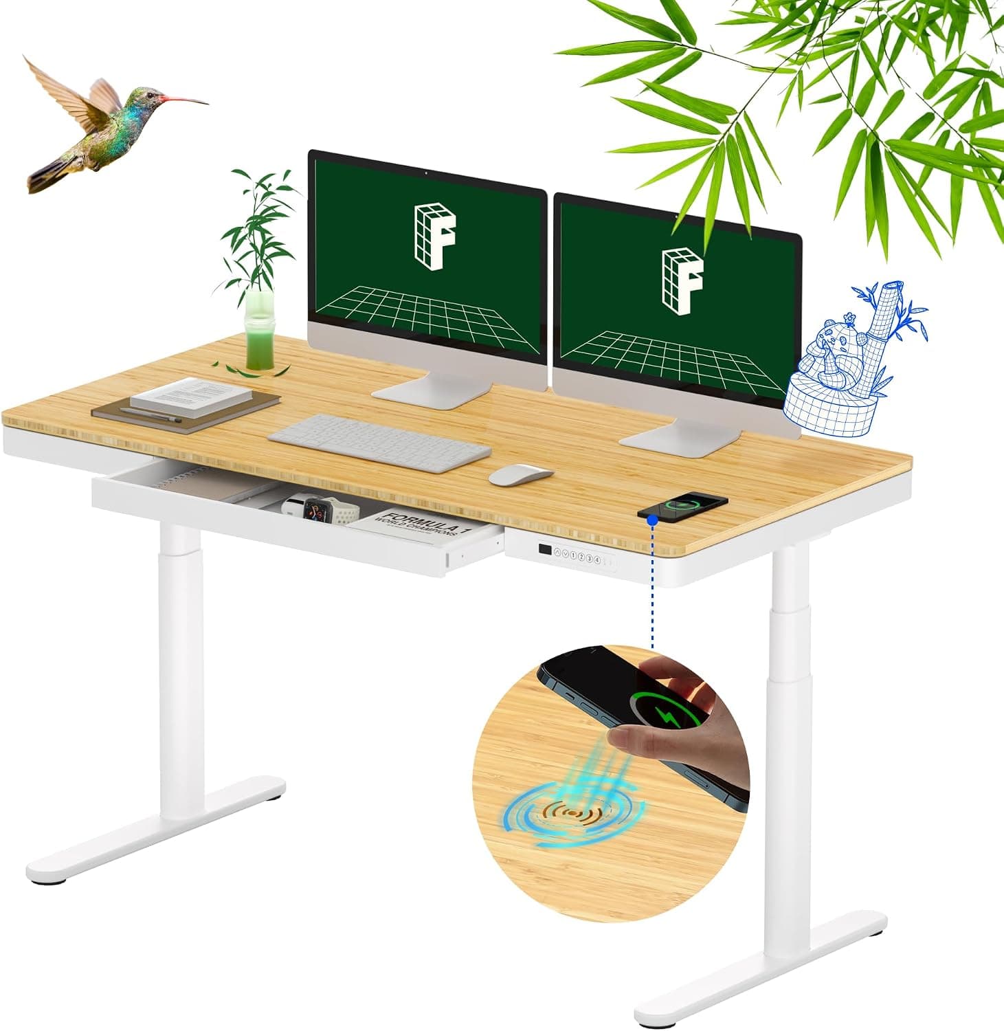 FLEXISPOT Escritorio Elevable 140x70 cm, Bambú, Doble Motor, USB-A/C