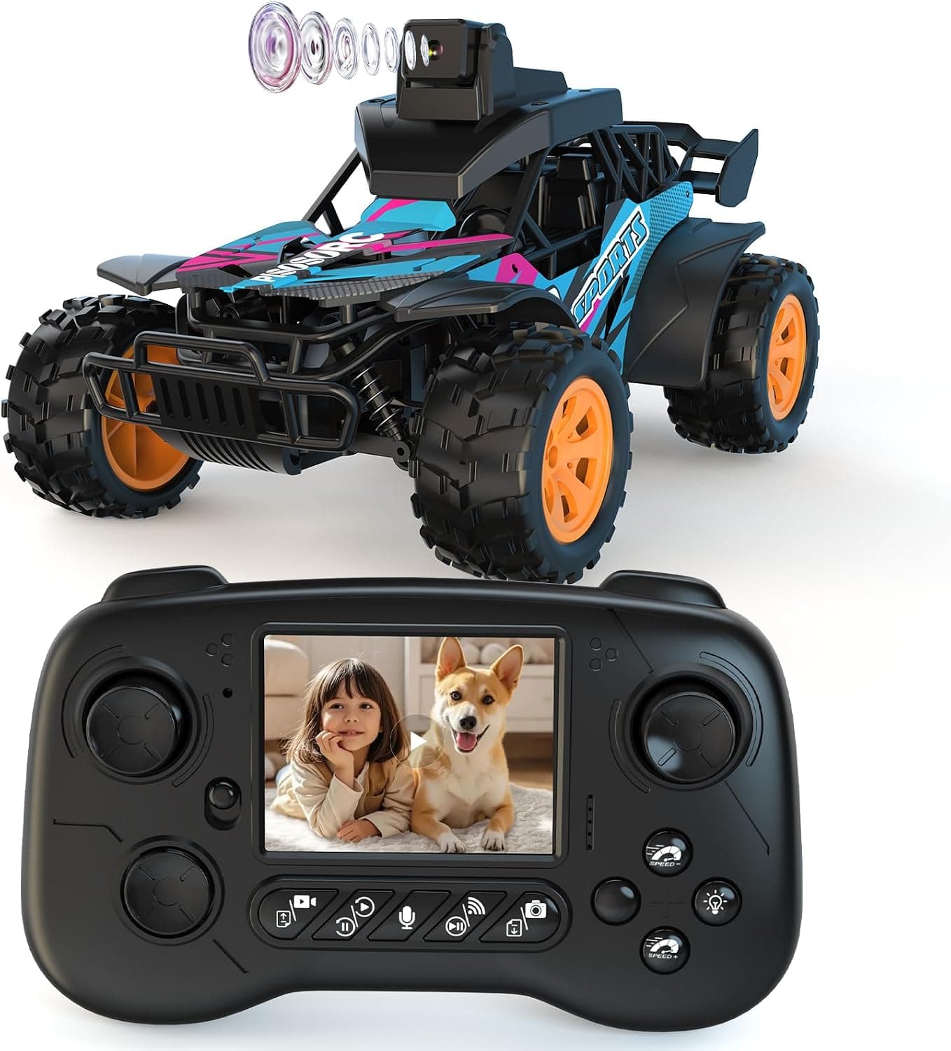 Coche Teledirigido RC con Cámara FPV, Camión RC Todoterreno, Pantalla 2.8'', Cámara 60° Ajustable, Video en Directo, Doble Control App/Radio 2.4GHz, 2 Velocidades, Recargable, Regalo Adultos y Niños
