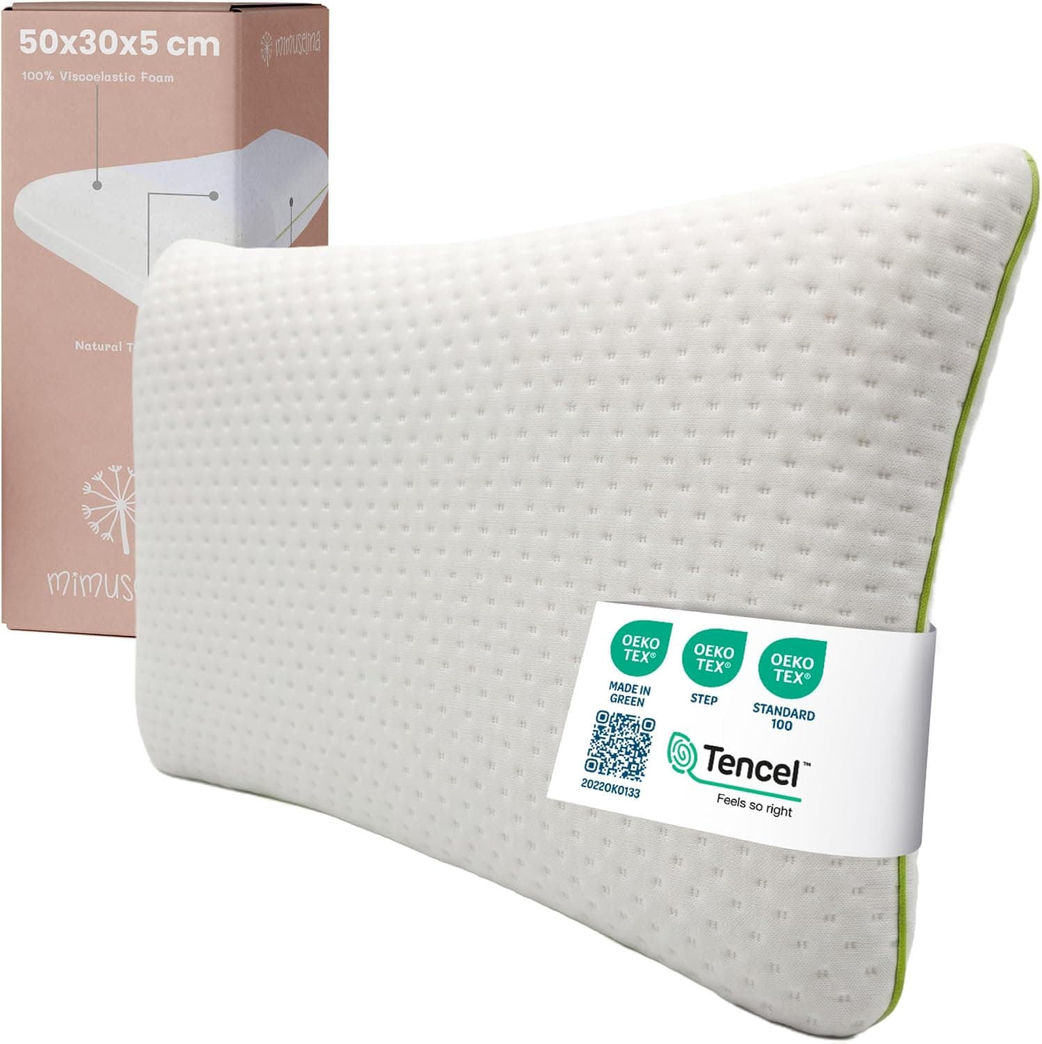 MIMUSELINA Almohada Infantil Viscoelástica 50x30x5 | Memory Foam Transpirable para Niños | Cojines pequeños Suaves, Ergonómicos y Antisofocos | Funda Tencel Hipoalergénica, Extraíble y Lavable
