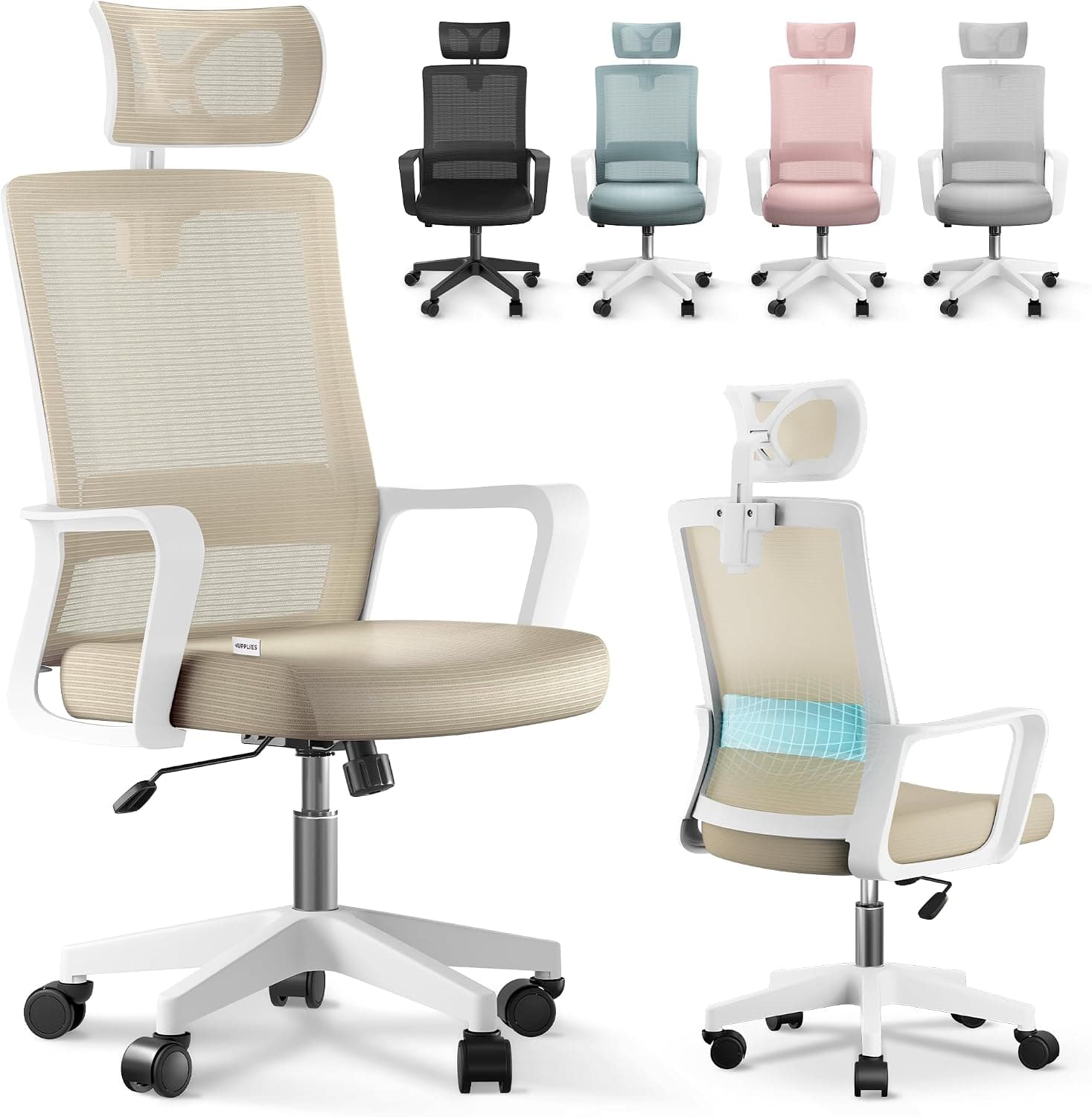 JUPPLIES Silla Escritorio Ergonomica - Silla Oficina Ajustable y Reclinable con Soporte Lumbar, Reposacabezas Ajustable, Malla Transpirable, Ruedas Giratorias 360° Soporta hasta 120kg (Beige)