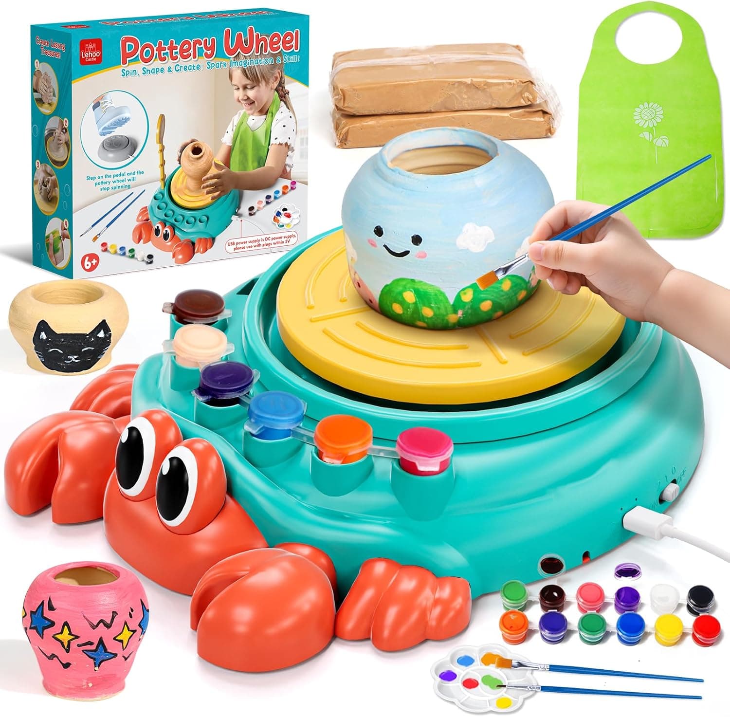 Lehoo Castle Rueda de alfarería para niños, artes y manualidades de alfarería completas para niños de 8 a 12 años con kit de pintura de arcilla que se seca al aire, herramientas de escultura