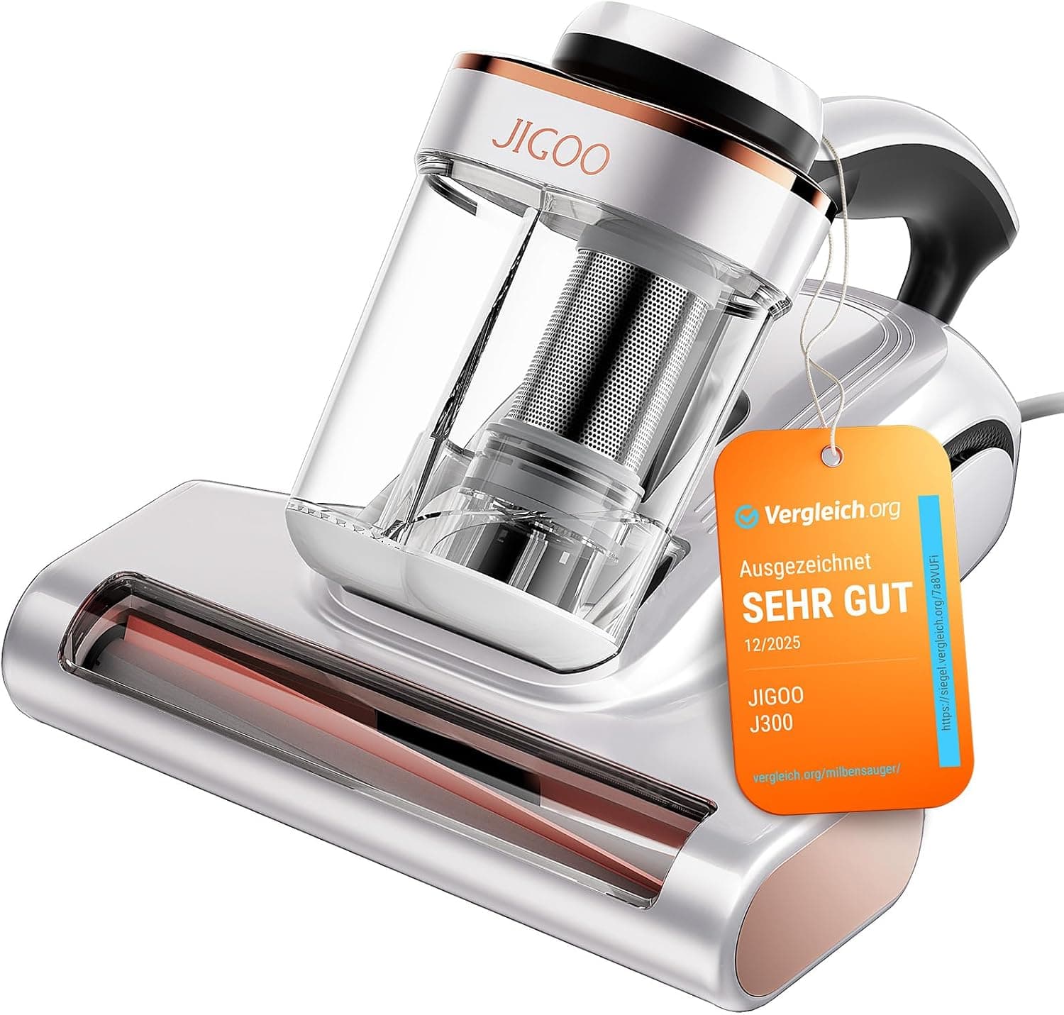 JIGOO J300 Aspirador de Ácaros con Sensor y Pantalla Digital, 500W, Doble Taza, Luz UV, para Alergias, Elimina 99.9% de Alérgenos en Colchones, Camas y Sofás