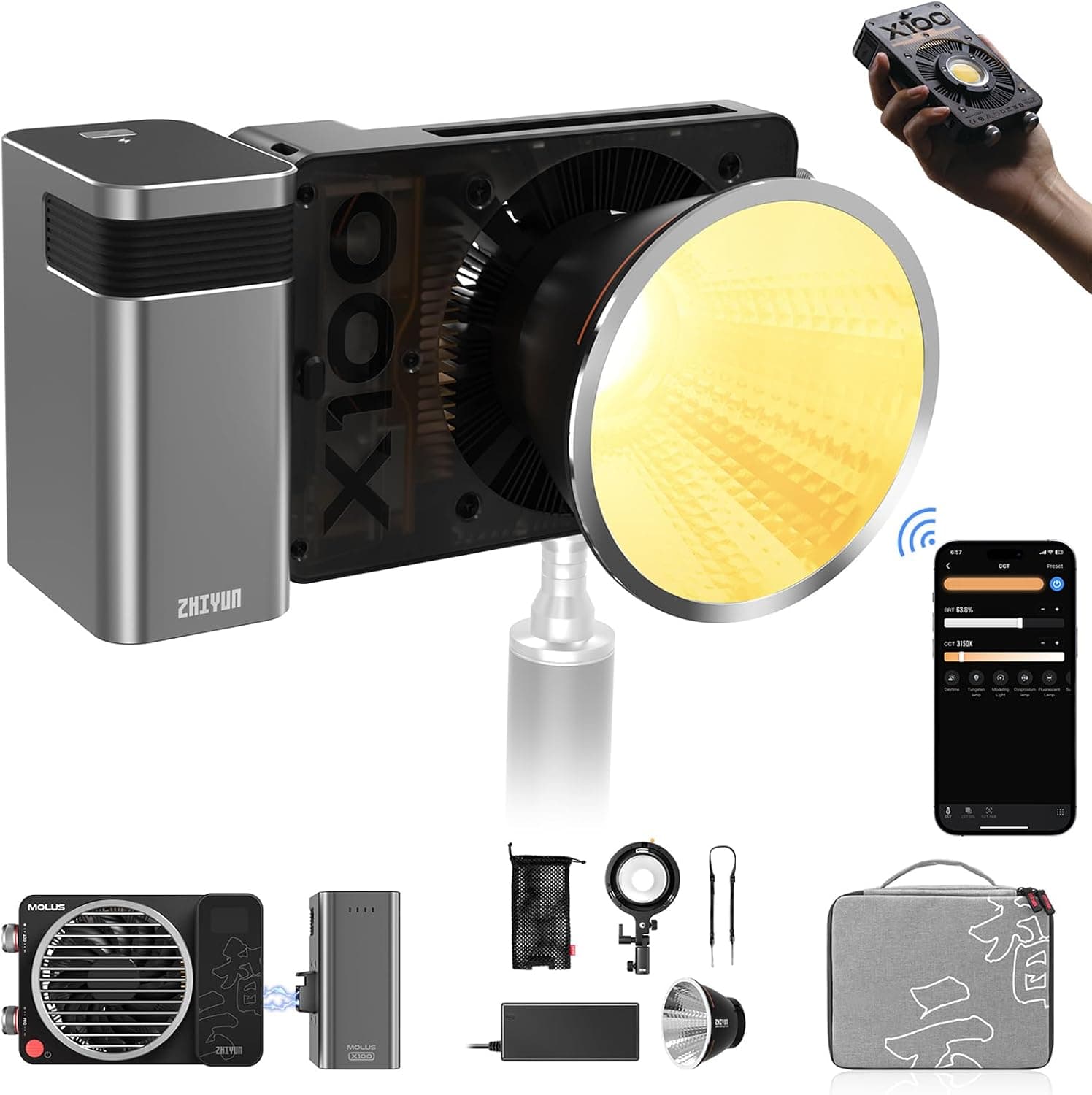 ZHIYUN MOLUS X100 Combo [Oficial] Luz de Vídeo 100W, Bi-Color, Control App
