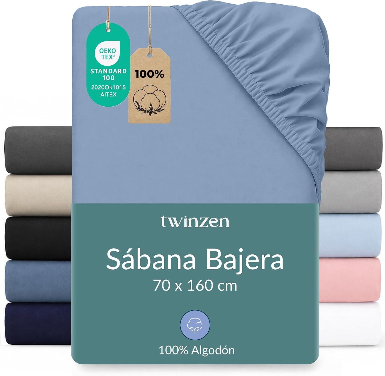 Twinzen Sábana Bajera Jersey Algodón 70x160 Azul Claro Altura 15 cm