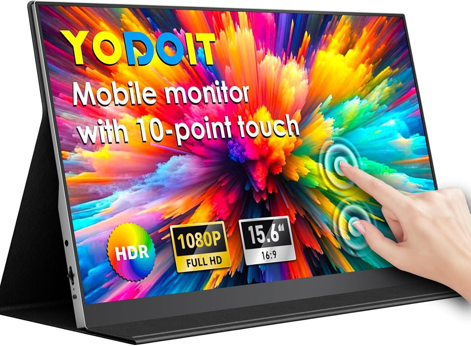 Yodoit Monitor Portátil Táctil, 15,6" FHD IPS Pantalla con Control Táctil de 10 Puntos, Puerto USB C/HDMI, Altavoces y Funda Inteligente, Compatible con PC, Laptop, MacBook, Game Console, Teléfono