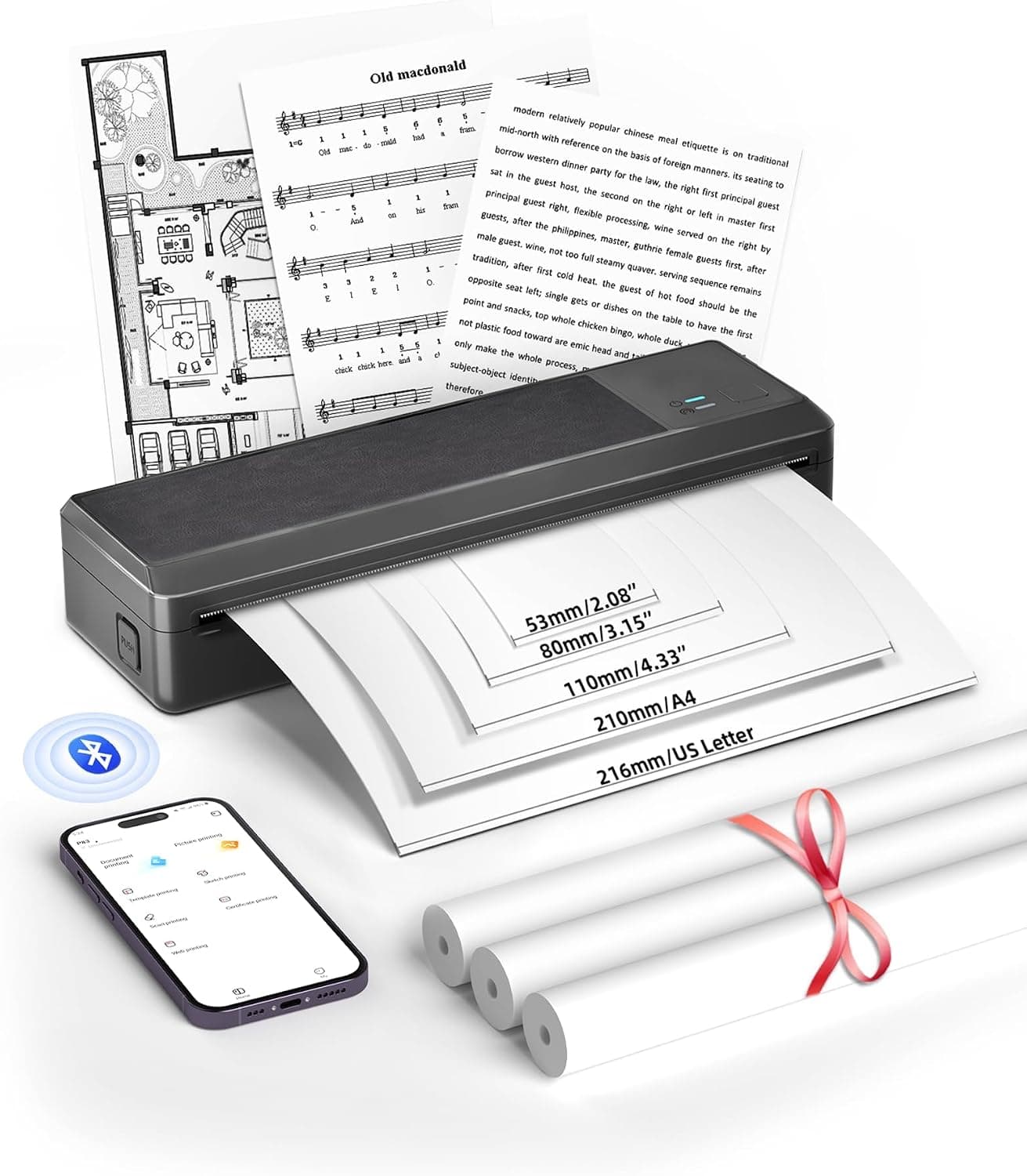 Impresora Térmica A4, Impresora térmica portátil con 3 Rollo de Papel térmico A4, Impresora Móvil Compatible con iOS & Android, Impresora Térmica Bluetooth para Viajar casa Oficina Escuela