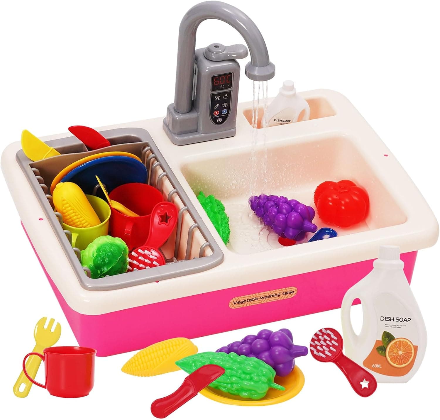 Fregadero de Juguete de Cocina con Agua Corriente, Fregadero Cocina Juguete con Lavaplatos y Grifo de Agua, Cocina de Juguete para Niños, Juegos de rol para Niños y Niñas de 3 4 5 6 Años(Rosa)