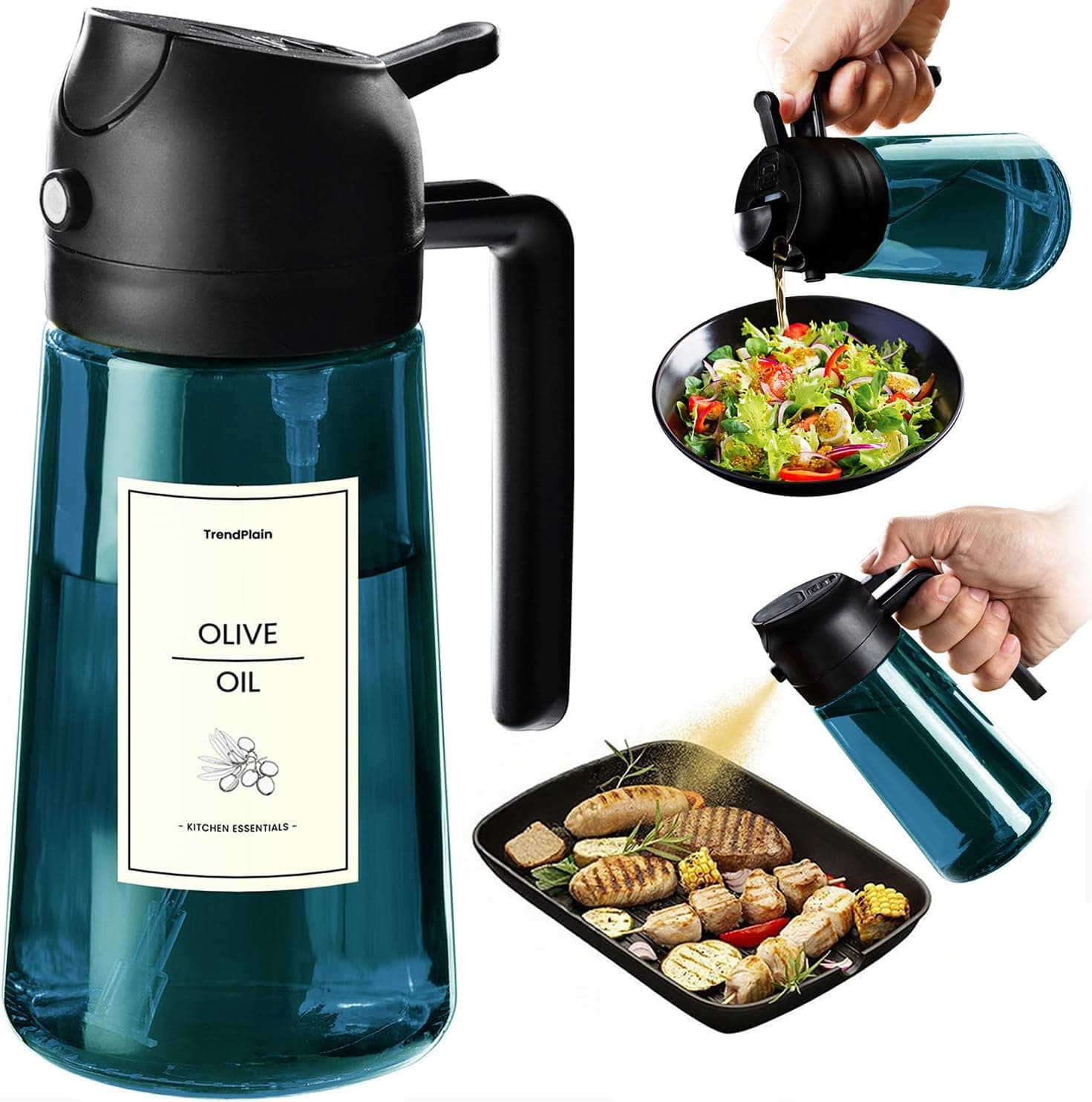 TrendPlain Pulverizador Aceite Spray 470ml - 2 en 1 Spray Aceite Cocina, Dispensadora para Freidora de Aire, Ensaladas, Vinagre y Accesorios Cocina (1 unidad, Negro - 2)