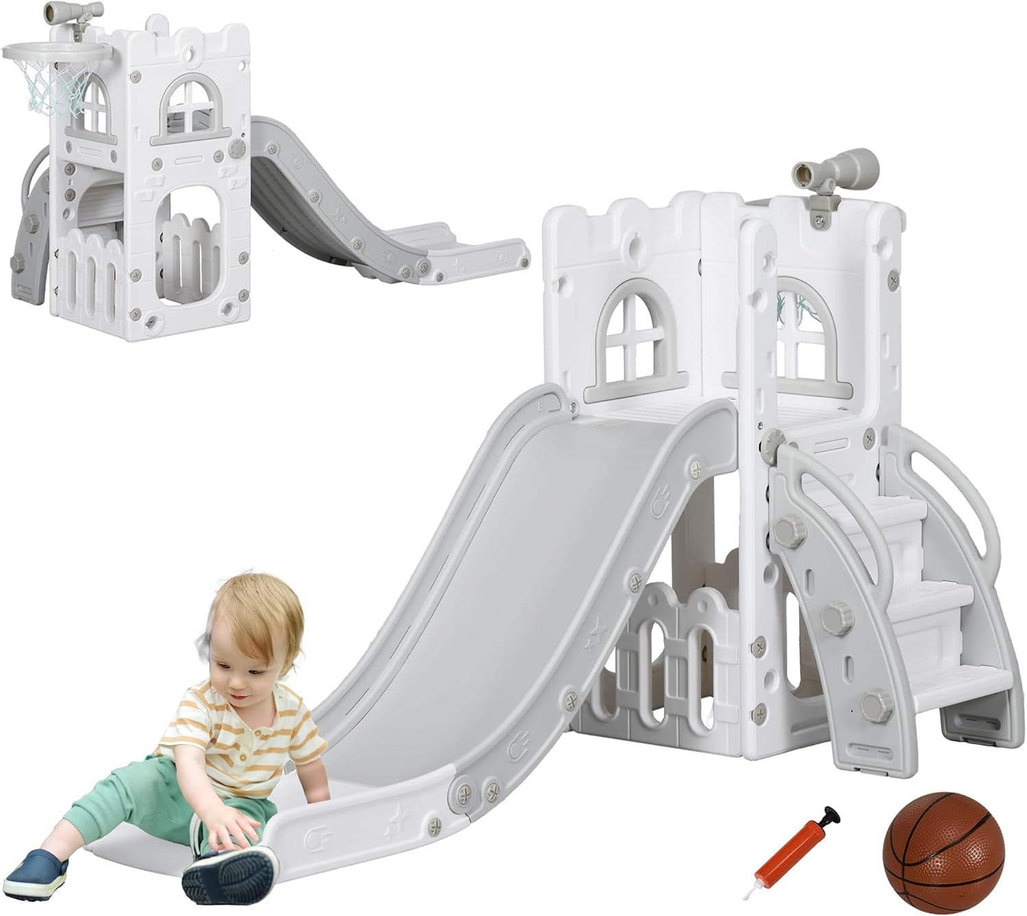 AIYAPLAY Tobogán Infantil 5 en 1 Niños 1-3 Años Telescopio Blanco y Gris