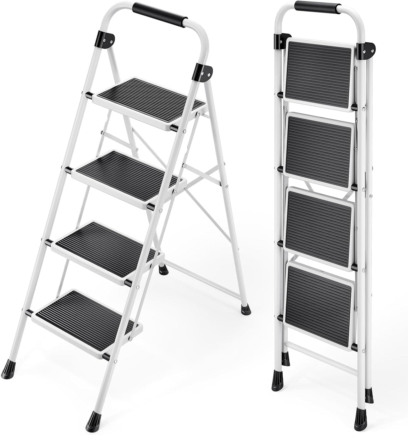 KINGRACK Escalera Plegable 4 Peldaños, Escalera de Tijera con Pedales Antideslizantes Anchos, Barandilla, Escalón Taburete de Acero Portátil Uso Hogar Cocina Oficina, Carga hasta 150 kg, Blanco