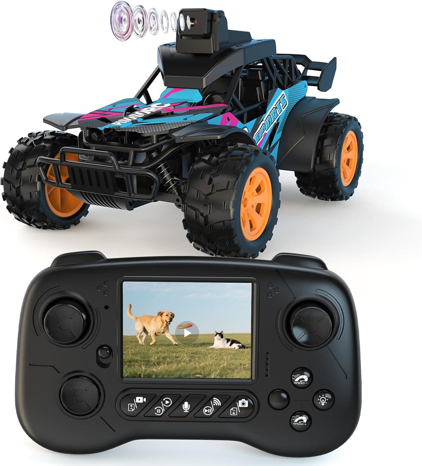 Coche RC con Cámara, 2.4GHz con Pantalla LCD de 2.8" y Cámara Ajustable de 60°, Video en Vivo, Control Dual App/Radio, 2 Velocidades, Recargable para Todoterreno, Regalo para Niños y Adultos