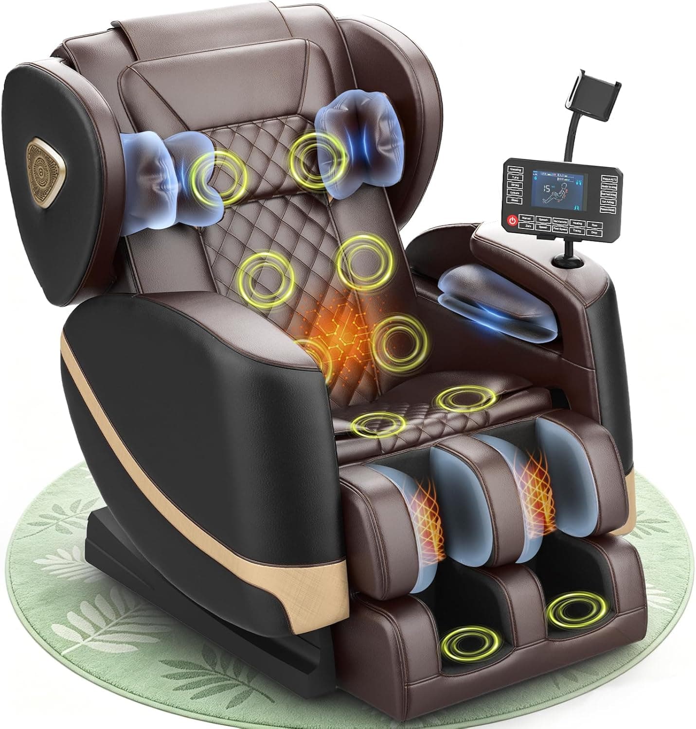 Sillón de Masaje, con Modo de Gravedad Cero, 14 Ruedas y 8 Airbags de Confort, con Calefacción para Cintura y Piernas, Masaje de Pies, Reproductor Bluetooth y Pantalla Táctil (Negro +Marrón)