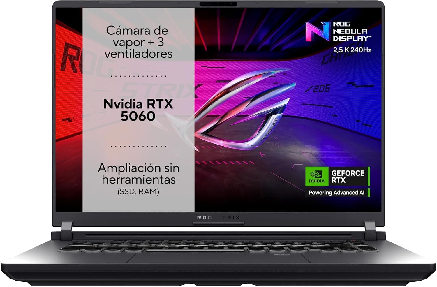 ASUS ROG Strix G16 G615JMR-RV004 - Ordenador Portátil Gaming de 16" WUXGA 165Hz (Intel Core i7-14650HX, 32GB RAM, 1TB SSD, RTX 5060 8GB, Sin Sistema Operativo) Gris Eclipse - Teclado QWERTY español