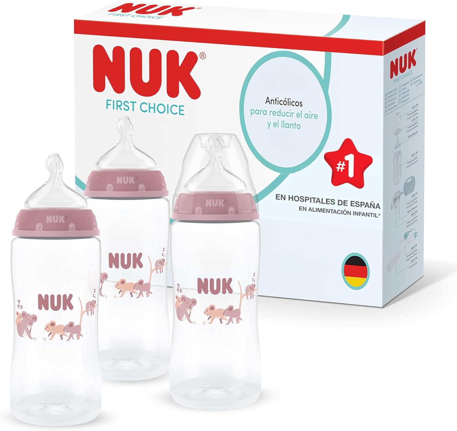 NUK First Choice Biberón | 3+ meses | 300 ml | Biberón anticólicos | PP | Indicador de control de temperatura | Koala | 3 unidades